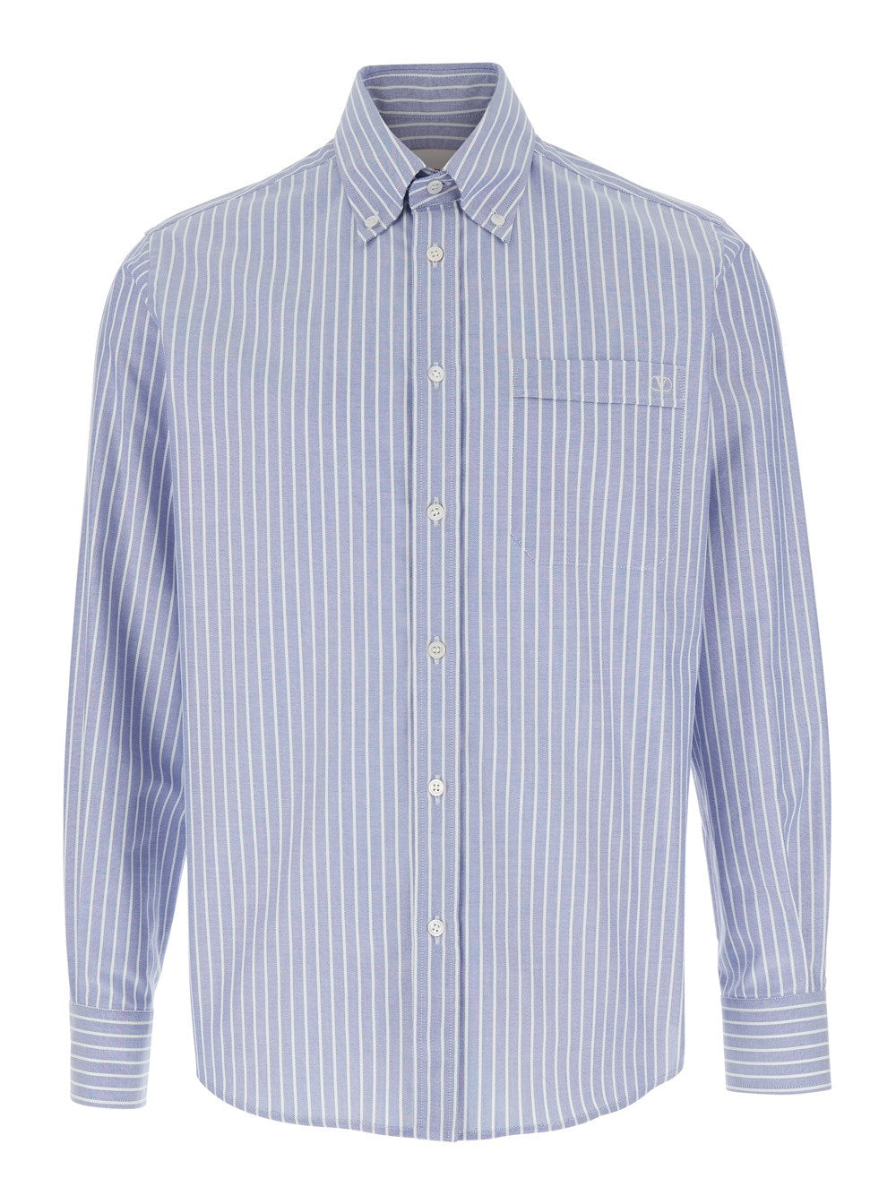 Valentino Light Blue Shirt with Logo Detail on the Front and All-Over Striped Motif in Cotton Man