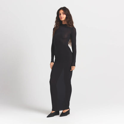 Milky Sheer Mock Neck Long Sleeve Long Dress