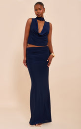 Navy Double Layer Slinky Ruched Waist Maxi Skirt