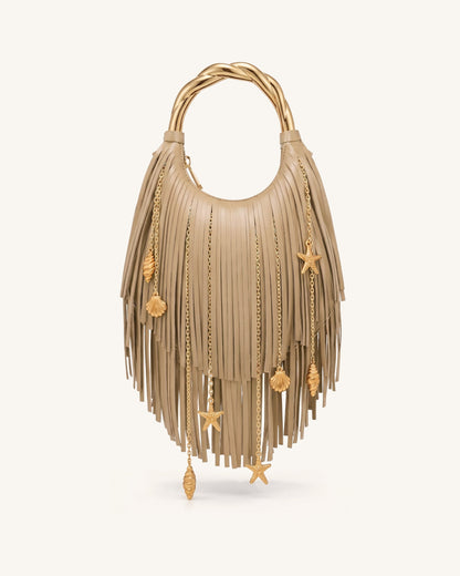 Chloe Metal Handle Fringe Top Handbag - Navy Blue