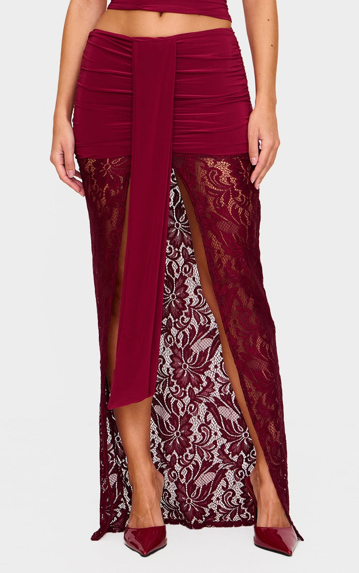 Burgundy Contrast Drape Detail Lace Maxi Skirt