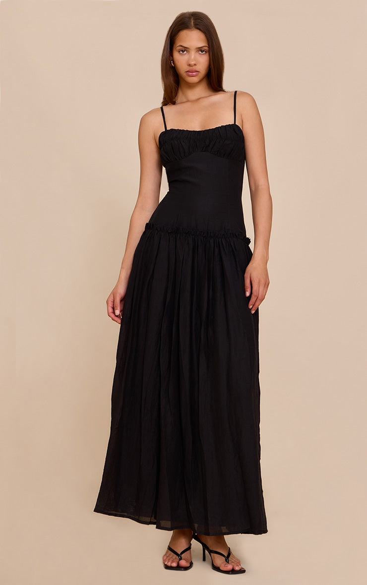 Black Ruched Bust Drop Waist Maxi Dress