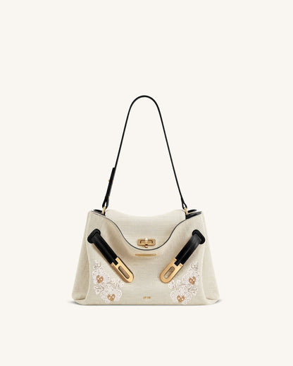 Rhea Double Buckle Shoulder Bag - Brown Canvas