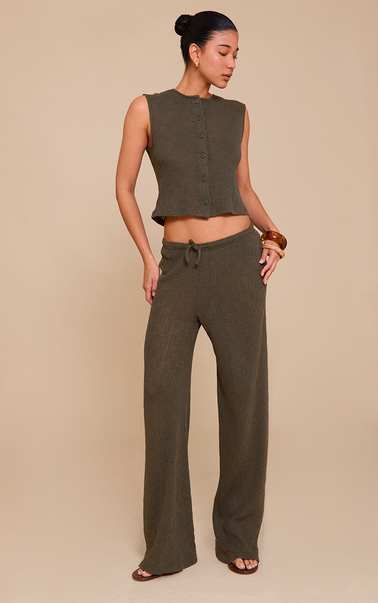 Khaki Mid Rise Textured Wide Leg Trousers