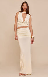 Almond Double Layer Slinky Ruched Waist Maxi Skirt