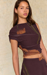 Dark Chocolate Floral Printed Chiffon Asymmetric Top