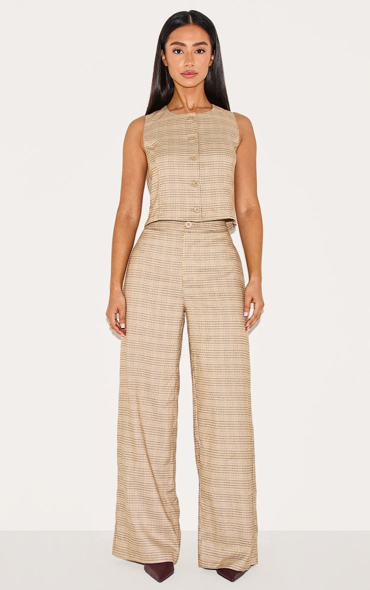 Petite Brown Checked Wide Leg Trousers