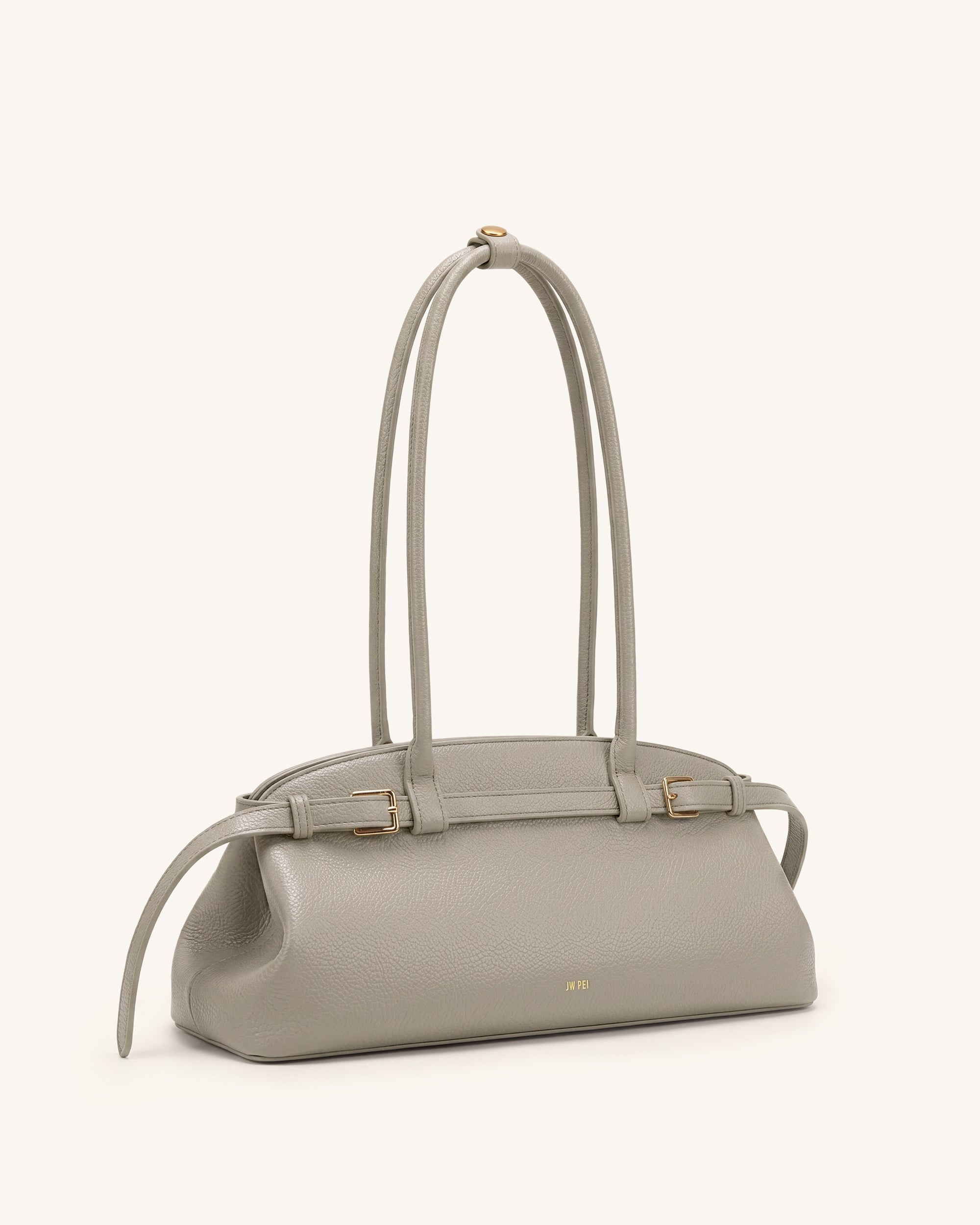 Arden Pebbled Belt Detail East-West Shoulder Bag - Taupe