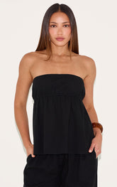 Tall Black Linen Look Peplum Bandeau Top