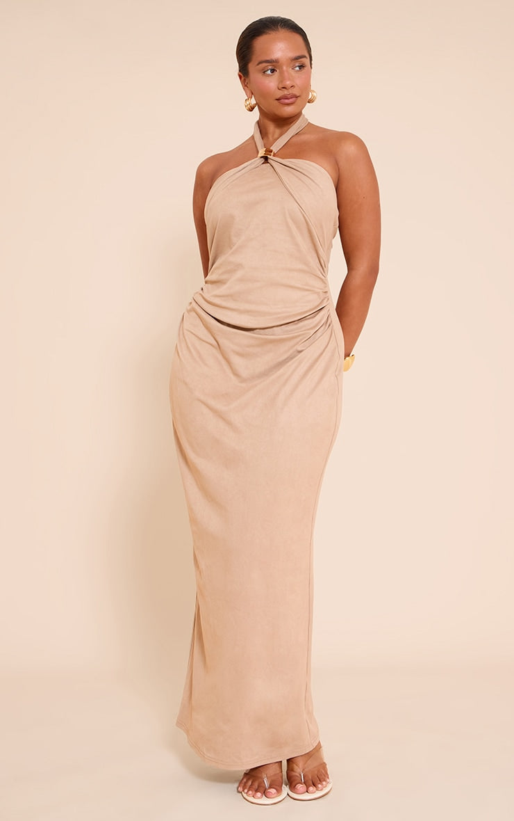 Shape Stone Faux Suede Gold Trim Halterneck Maxi Dress