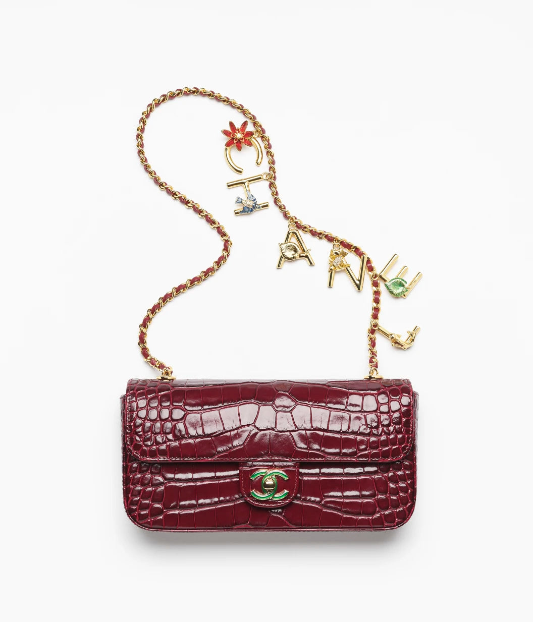 Small Flap Bag Crocodile Embossed Calfskin, Enamel & Gold-Tone Metal Dark Burgundy