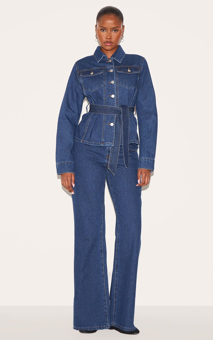 Dark Blue Mid Waist Contrast Stitch Flared Jeans