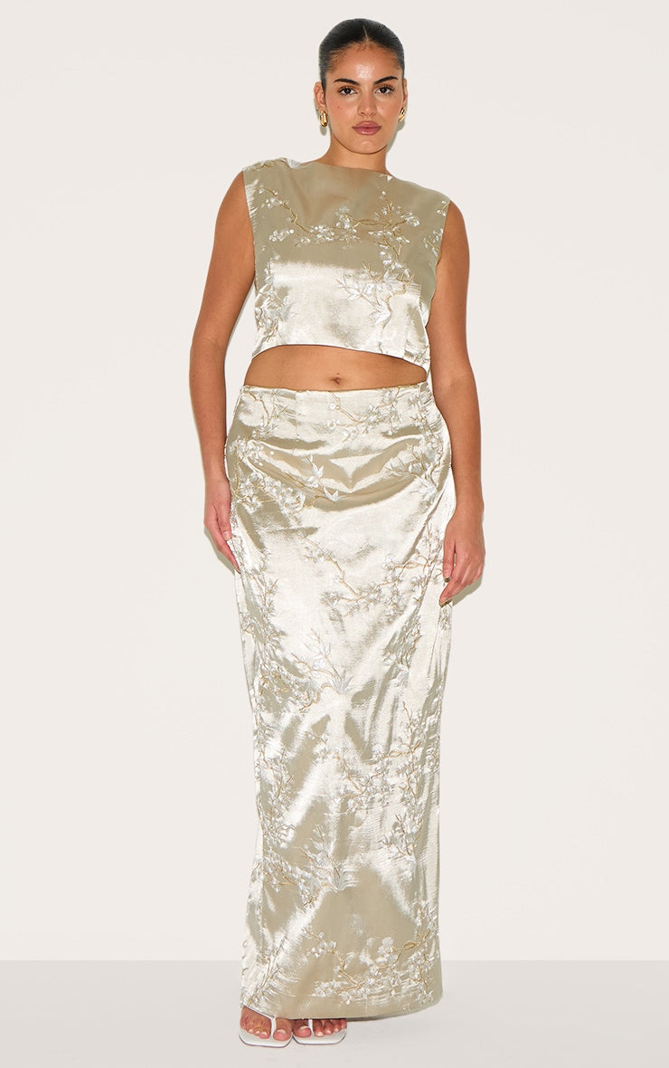 Plus Pastel Green Floral Embroidered Maxi Skirt