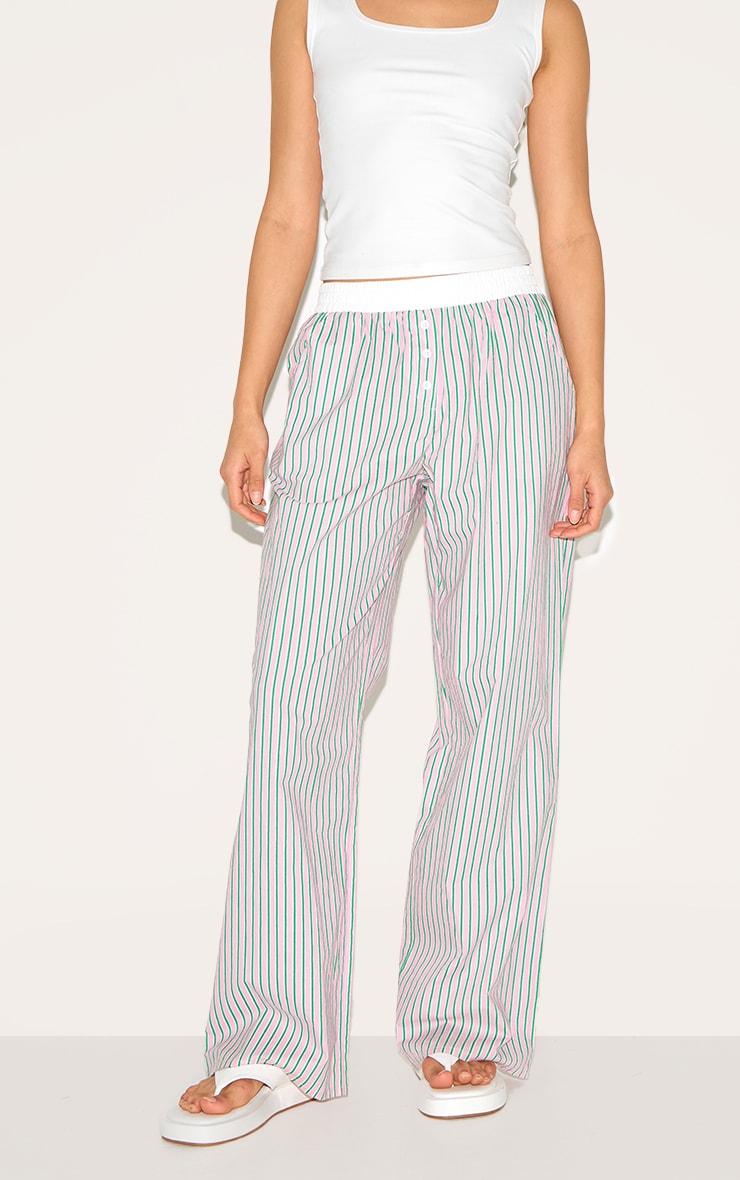Pink Pinstripe Cotton Poplin Contrast Waistband Trouser