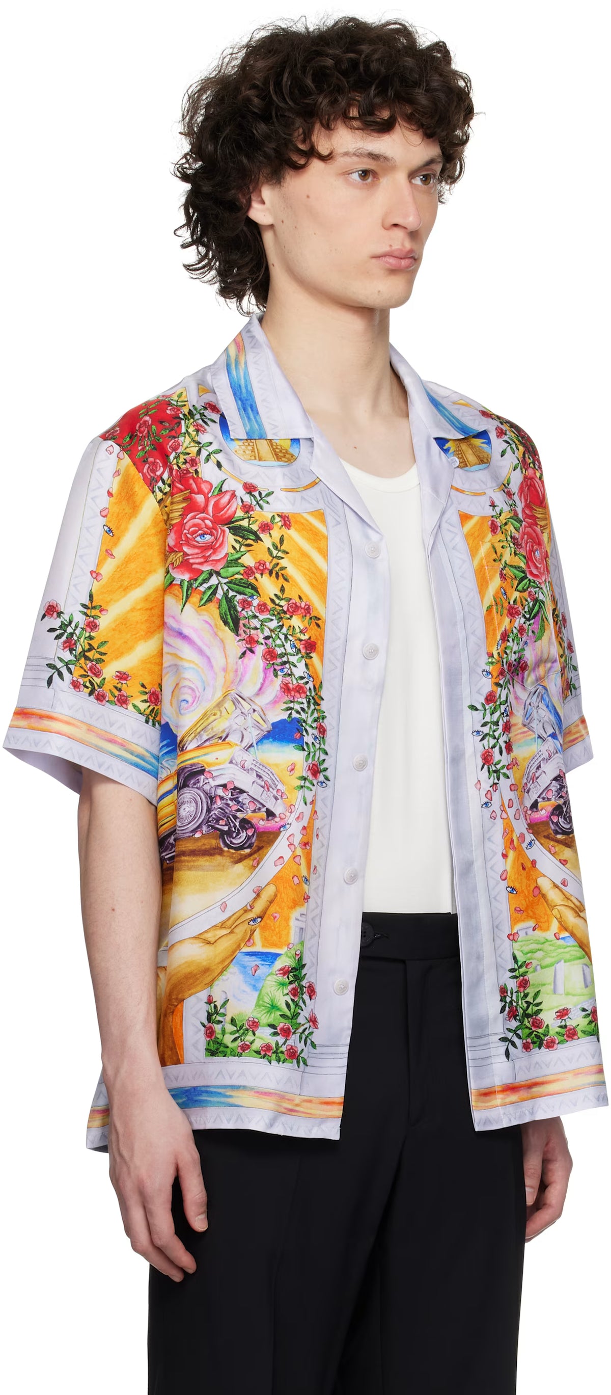 Multicolor 'La Tornade De Rose' Short Sleeve Silk Shirt