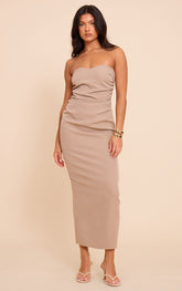 Mocha Woven Tailored Bandeau Ruched Midaxi Dress