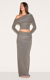 Mushroom Double Layer Slinky Fold Over Maxi Skirt