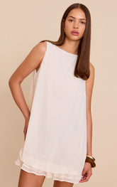 Cream Chiffon Boat Neck Frill Hem Shift Dress