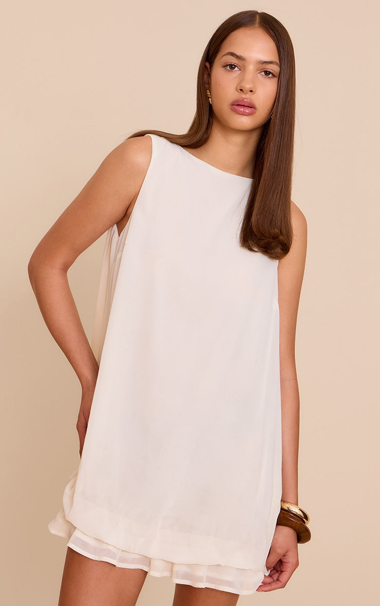 Cream Chiffon Boat Neck Frill Hem Shift Dress