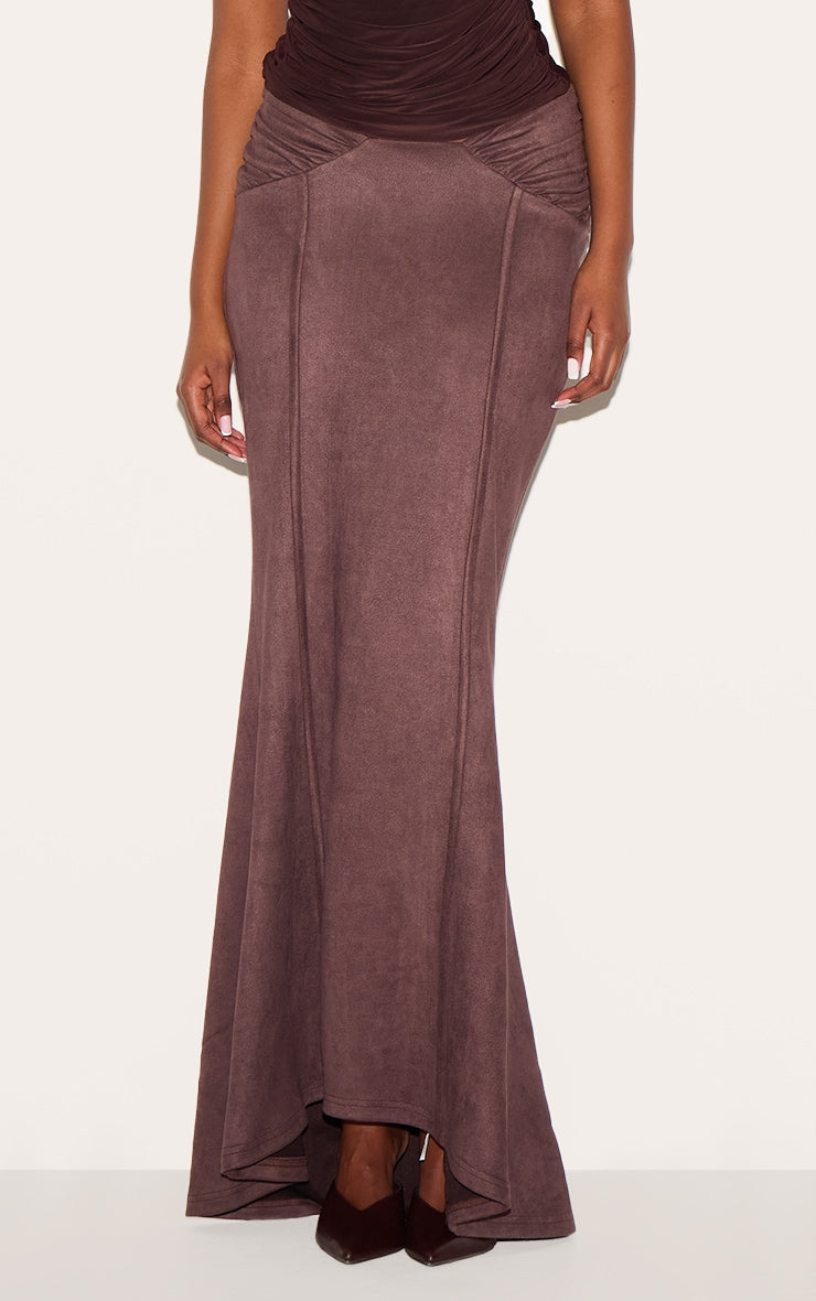 Chocolate Faux Suede Ruching Waist Detail Maxi Skirt