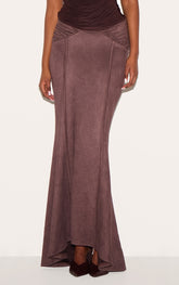 Chocolate Faux Suede Ruching Waist Detail Maxi Skirt