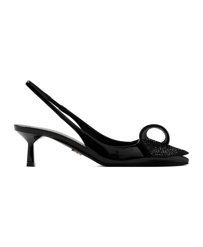 Prada Black Patent Leather Slingback Kitten Heels with Woven Circle Detail