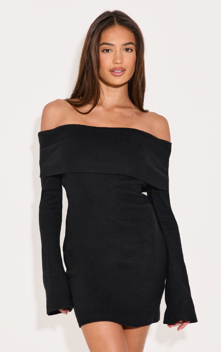 Black Fold Over Bardot Mini Dress