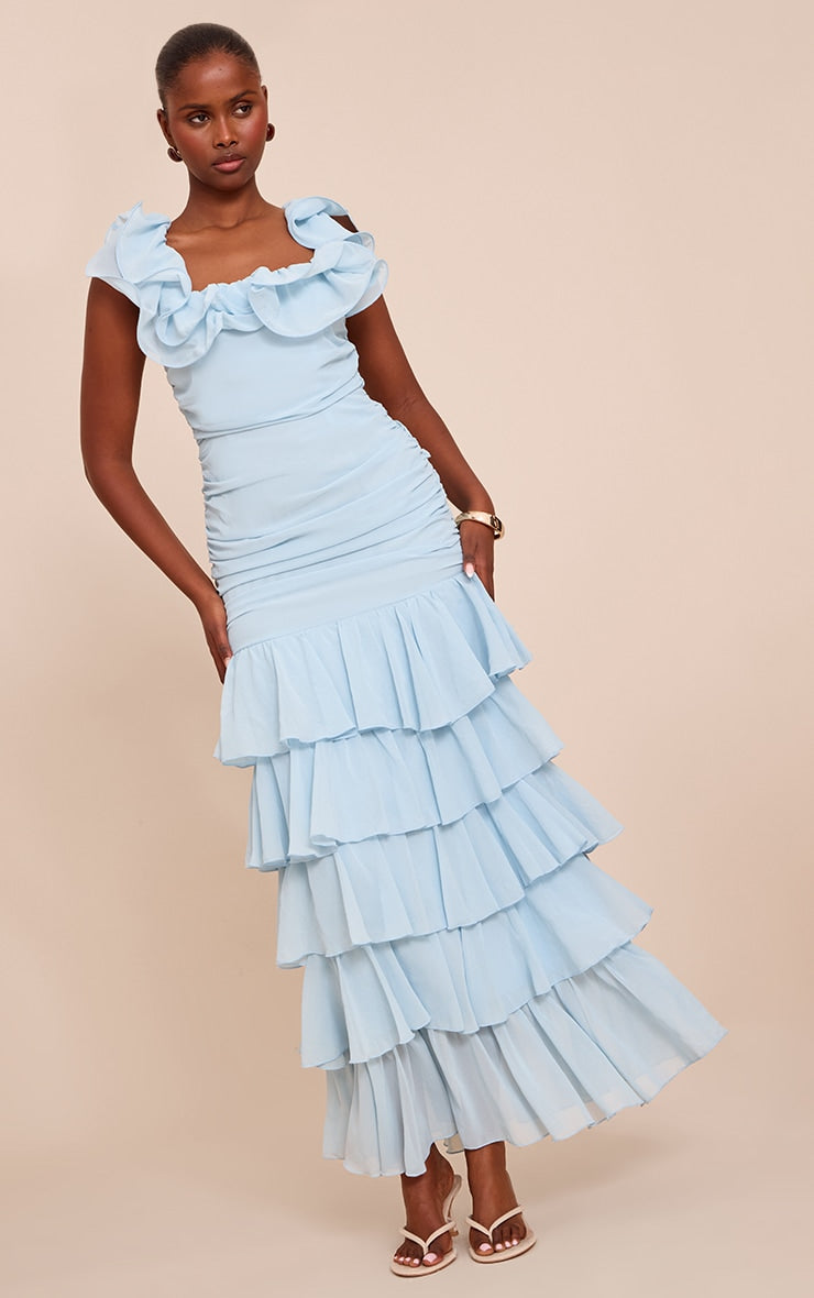 Light Blue Chiffon Ruched Ruffle Maxi Dress