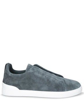 Zegna Men’s Teal Blue Suede Slip-On Sneakers – Triple Stitch Closure & White Rubber Sole
