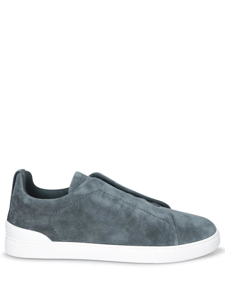 Zegna Men’s Teal Blue Suede Slip-On Sneakers – Triple Stitch Closure & White Rubber Sole
