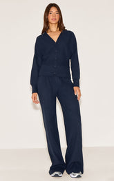 Navy Soft Ribbed Low Rise Wide Leg Trousers
