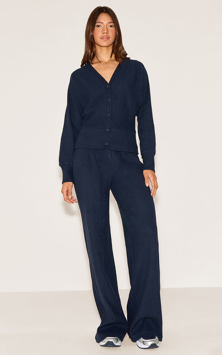 Navy Soft Ribbed Low Rise Wide Leg Trousers