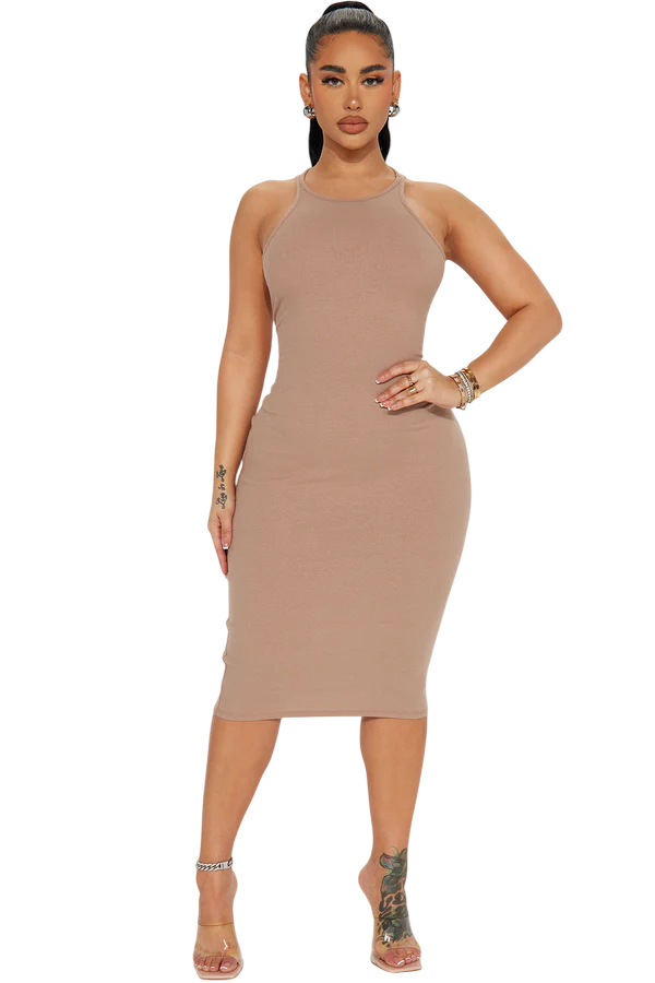 Sleek Chic Ribbed Midi Dress - Taupe