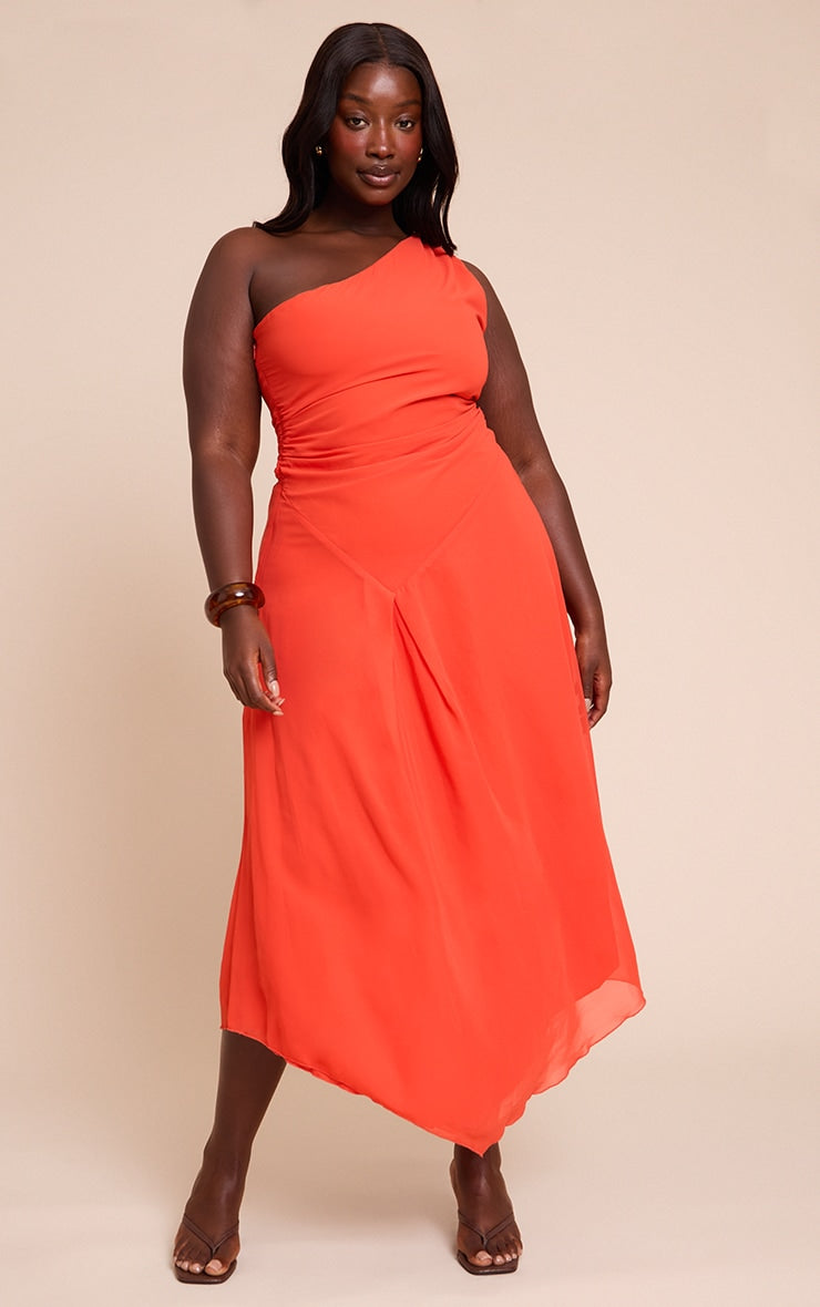 Plus Red Chiffon One Shoulder Maxi Dress