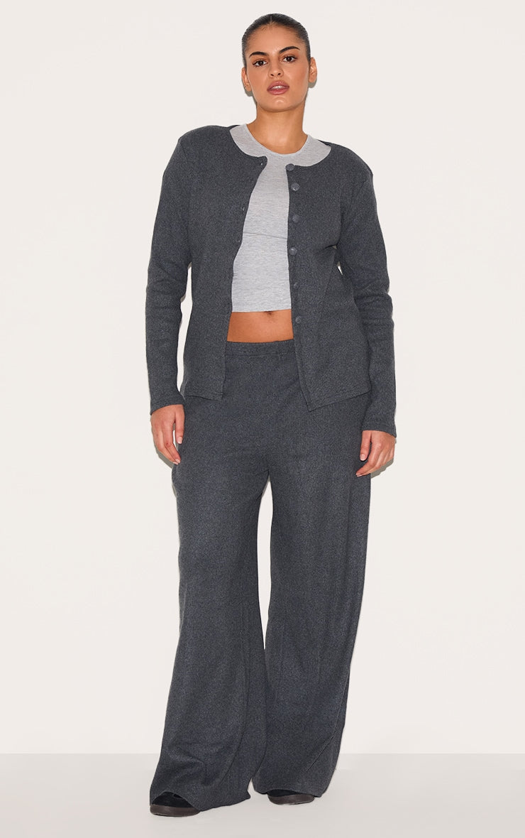 Plus Grey Soft Touch Rib Wide Leg Trousers