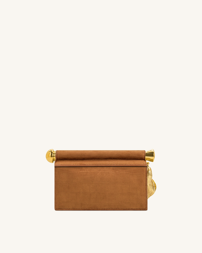 Holly Faux Suede Metal Pendant Embellished Clutch - Reddish Brown