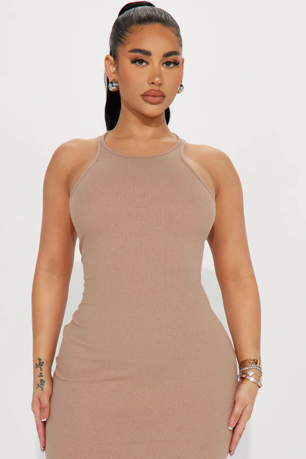 Sleek Chic Ribbed Midi Dress - Taupe