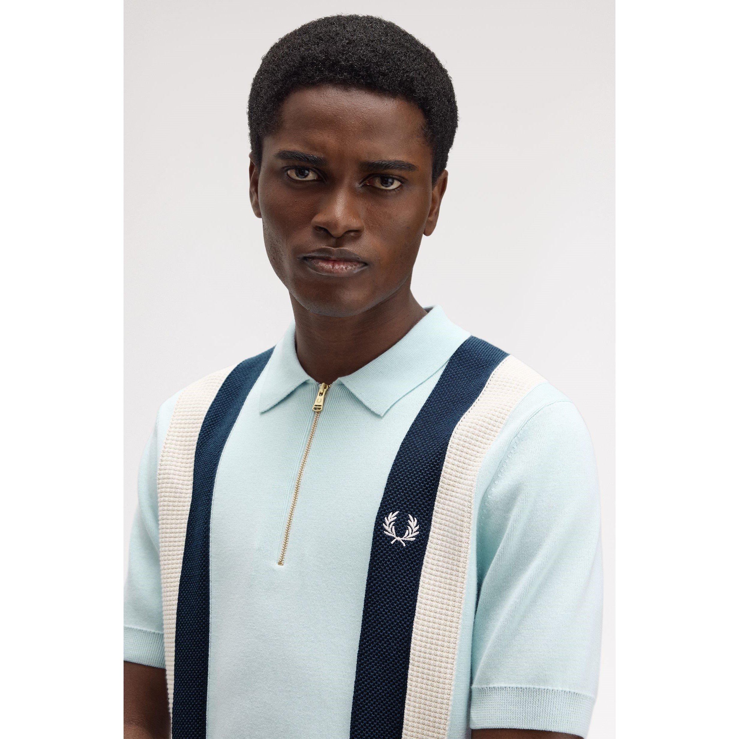 Vertical Stripe Zipped Short-Sleeve Polo Shirt