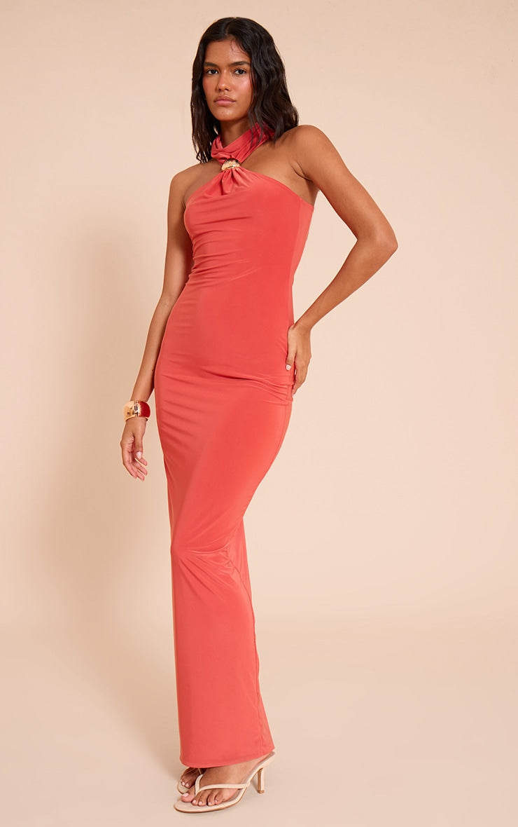 Orange Slinky Halterneck Trim Detail Maxi Dress