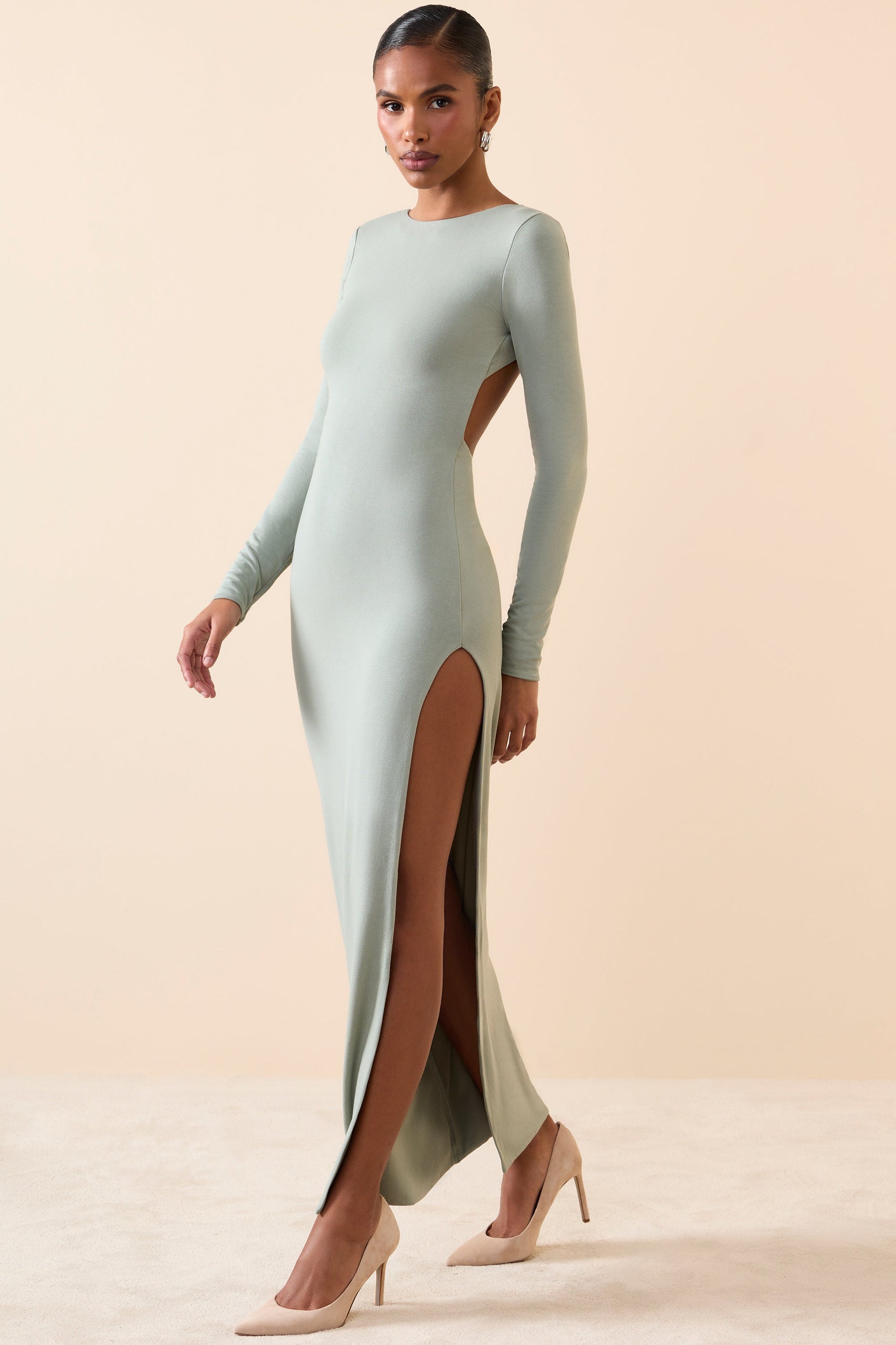 Long Sleeve Backless Maxi Dress in Smoke Green