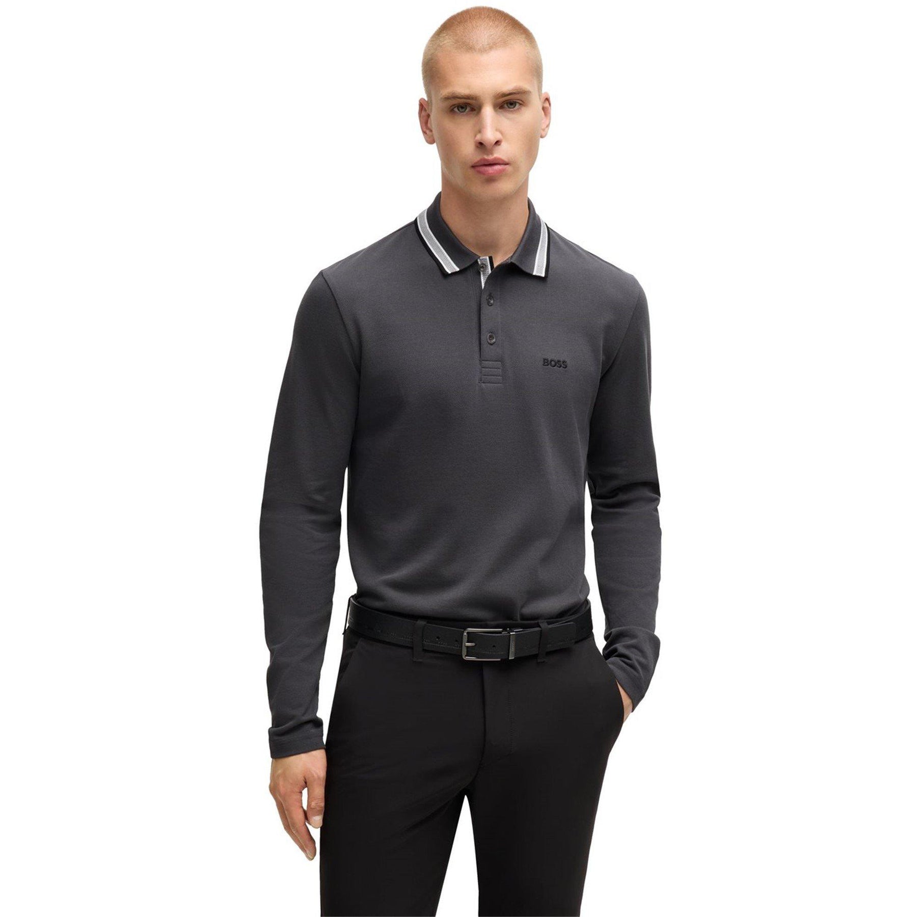 Men's Plisy Long-Sleeve Tipped Collar Polo Shirt