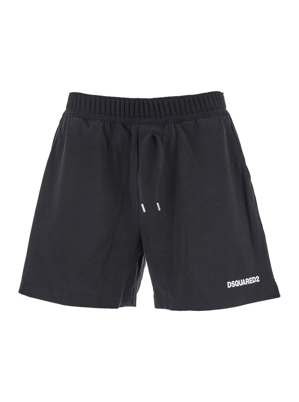 Dsquared2 Black Bermuda with Elastic Waist and Drawstring and Logo on the Front in Cotton Man