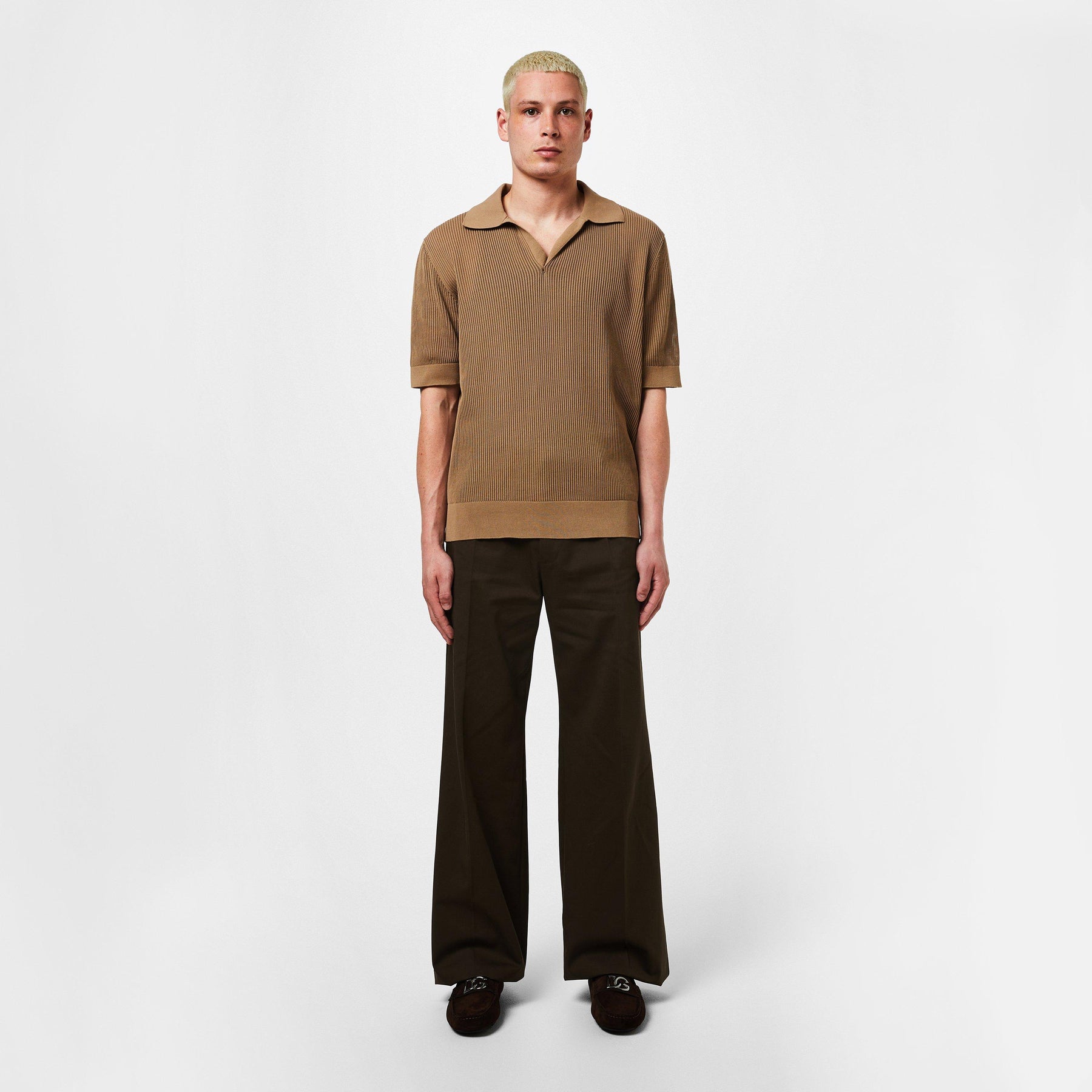 Cotton Openwork V-Neck Polo Shirt