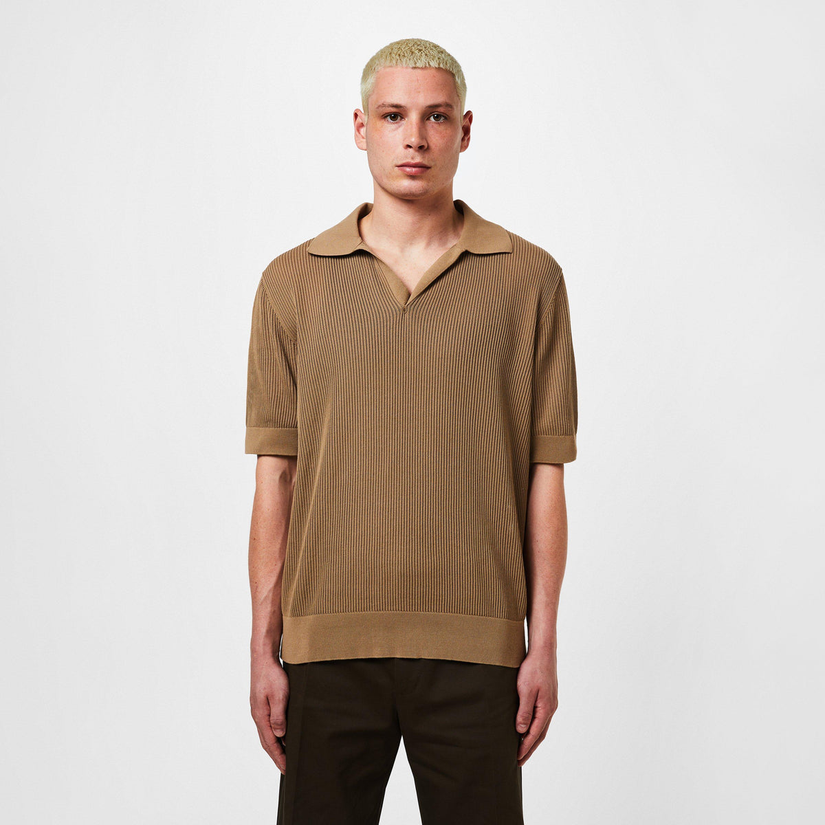 Cotton Openwork V-Neck Polo Shirt