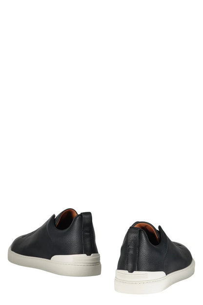 Zegna Men’s Grainy Deer Leather Sneakers – Round Toe, Logo Detail, 100% Leather