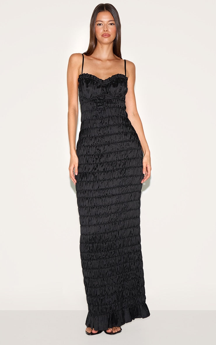 Black Satin Ruched Underwired Maxi Dress