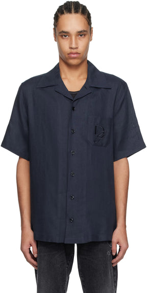 Dolce&Gabbana Navy Logo Embroidery Linen Shirt