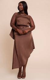 Plus Dark Brown Printed Satin Asymmetric Midi Skirt