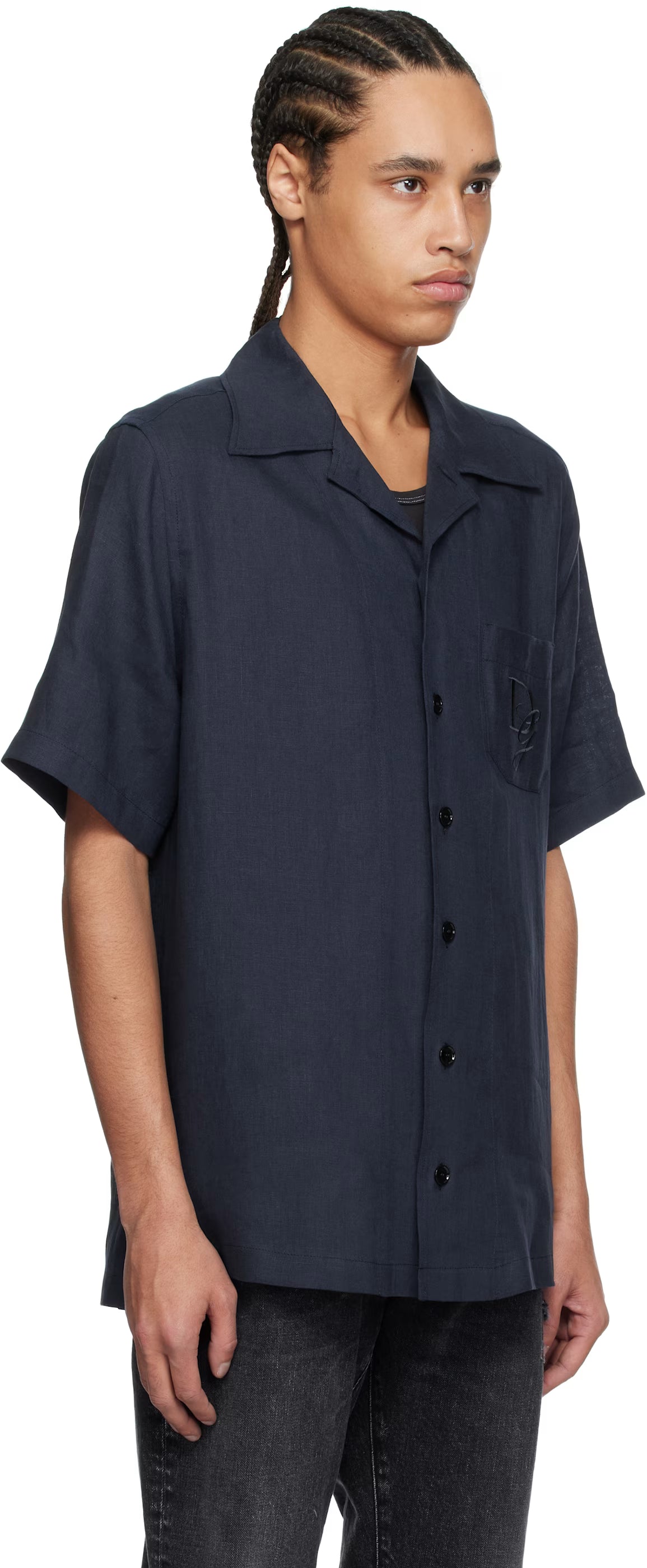 Dolce&Gabbana Navy Logo Embroidery Linen Shirt
