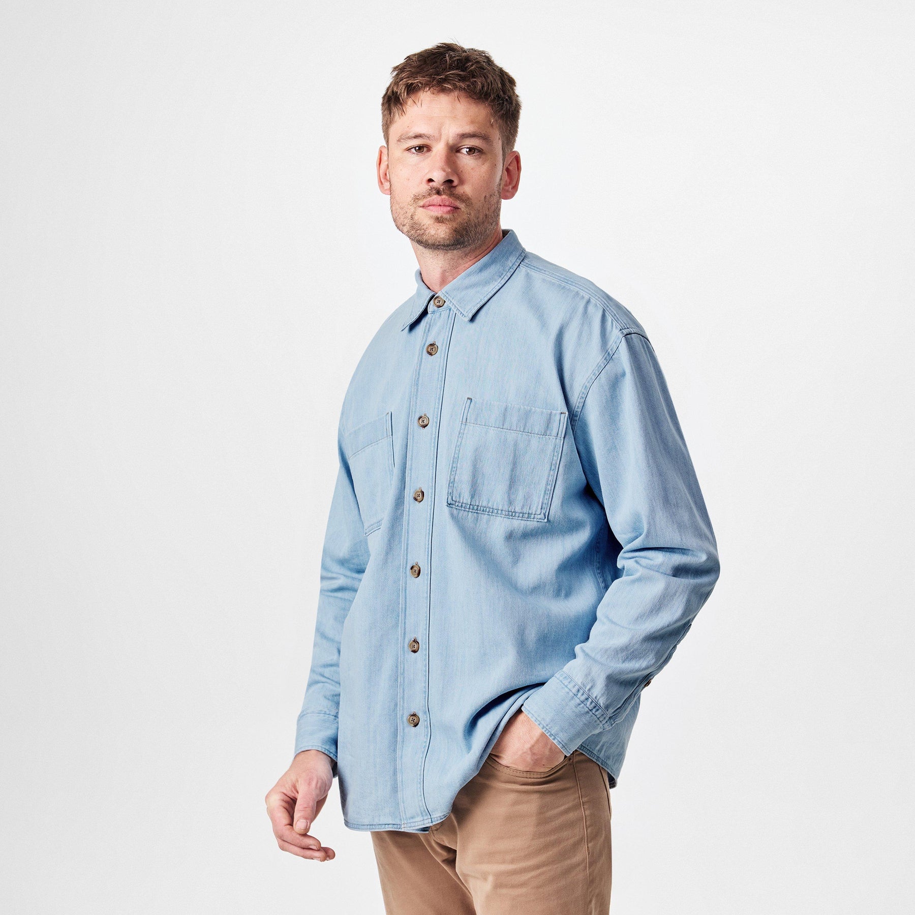Men's HBB HCORY Denim Patterned Long-Sleeve Shirt